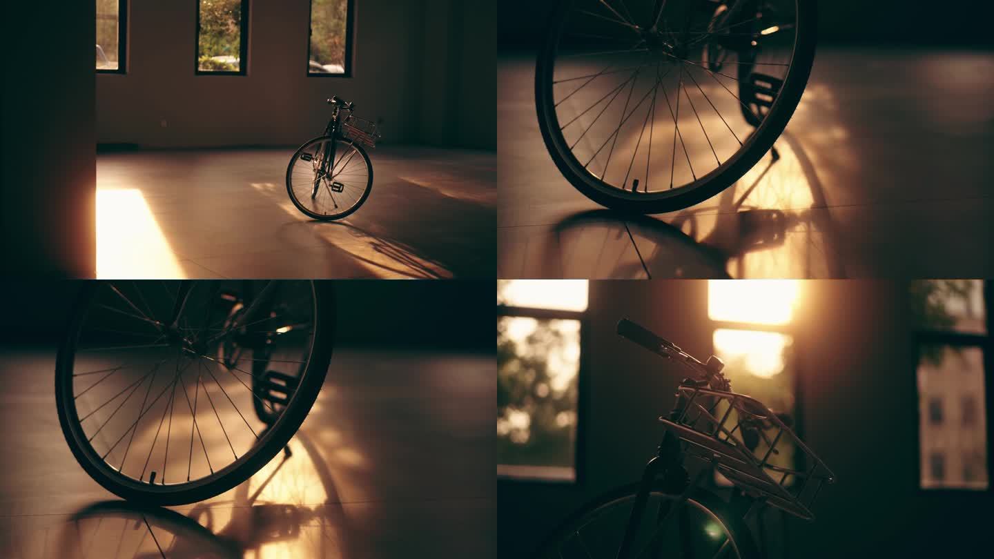 夕阳下空荡大厅里的自行车手持呼吸感柔光镜