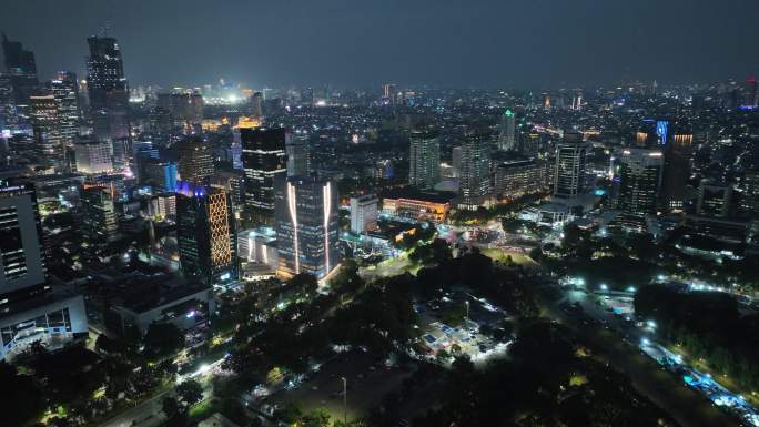 印尼雅加达独立广场城市高楼航拍夜景风光