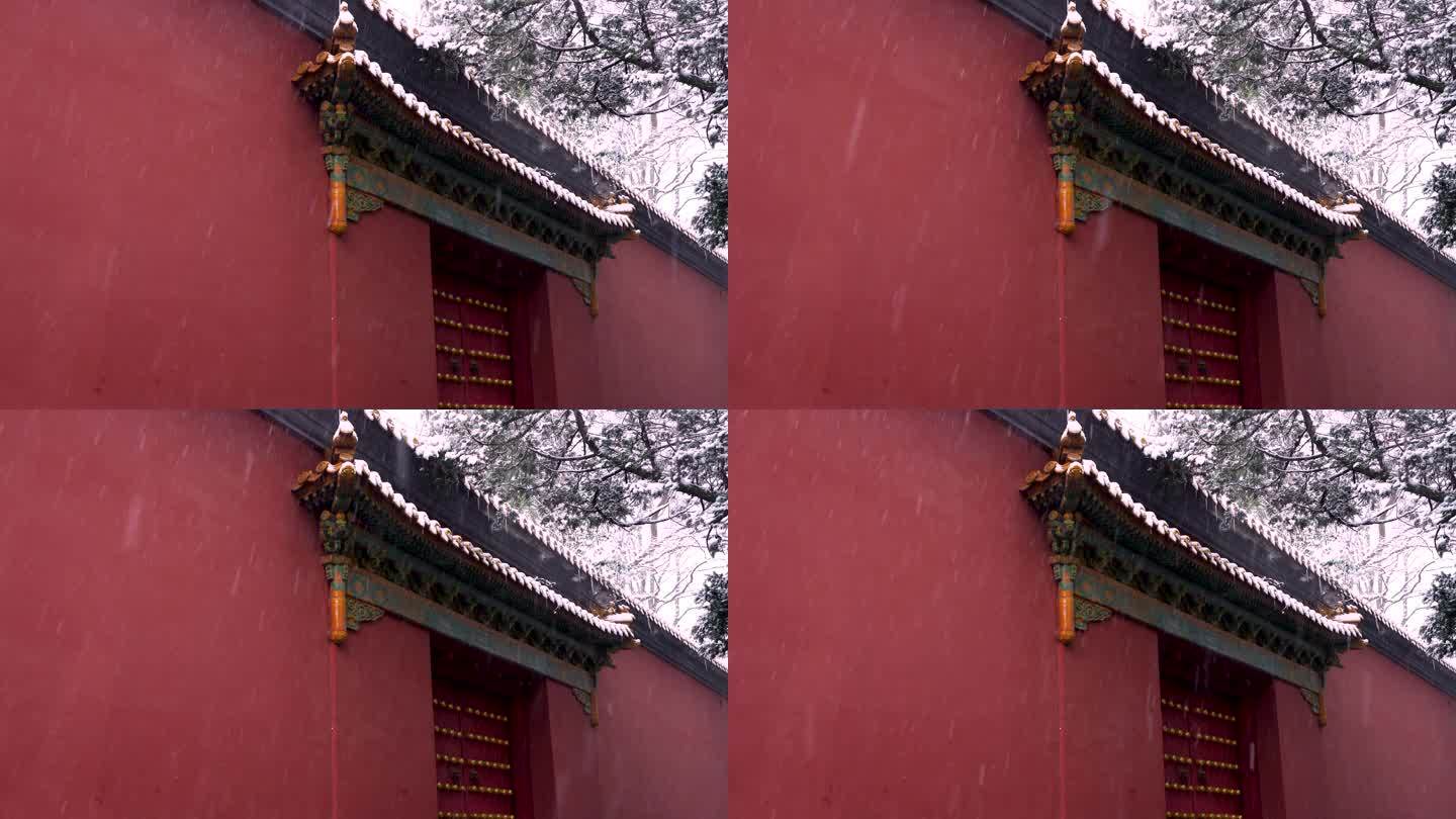 南京明孝陵古风红墙雪景，宫墙雪花大雪意境