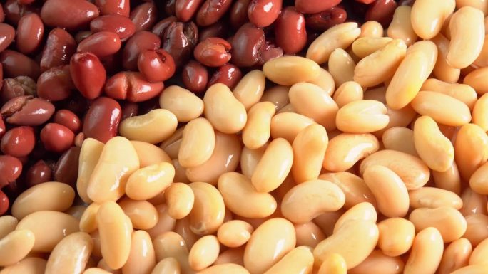 红芸豆和白芸豆罐头旋转背景俯视图。有机蒸豆。墨西哥菜的腌豆