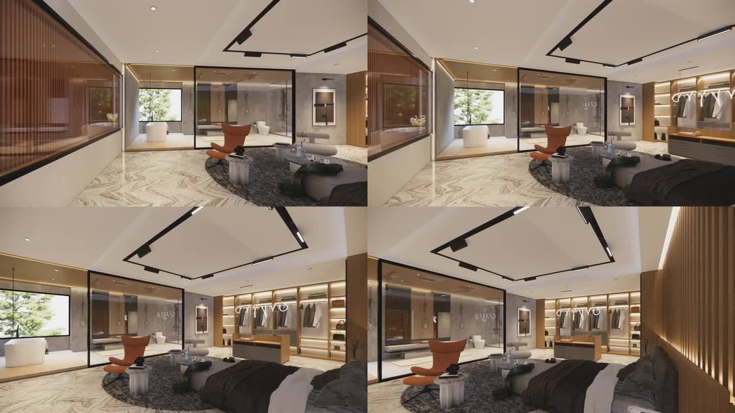 3 d渲染。室内住宅现代开放式客厅。阁楼风格的公寓居住在舒适的卧室，绿色的墙壁。