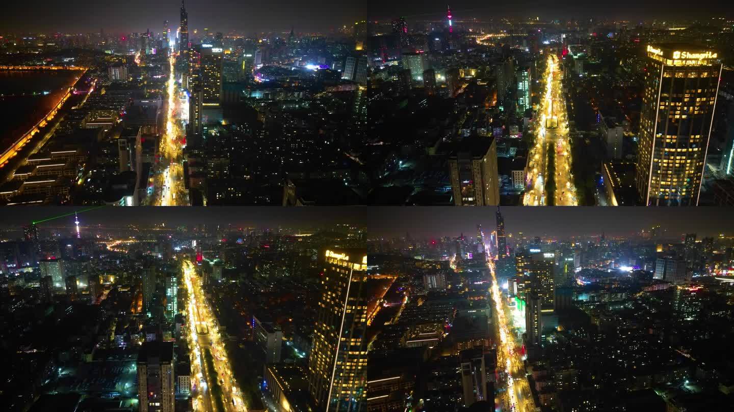 南京市鼓楼区城市马路车流夜景航拍延时