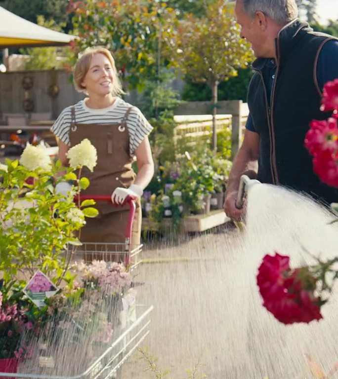 垂直视频显示，一名穿着围裙的女子在花园中心推着一手推车的植物在户外工作，而一名成熟的男子则用软管向植