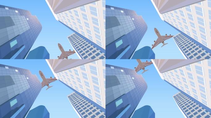 MG仰视飞机客机大楼飞行动画