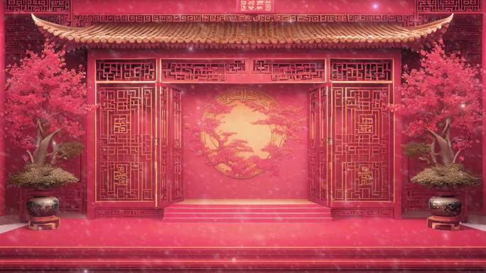 粉色雪花中式结婚红色背景