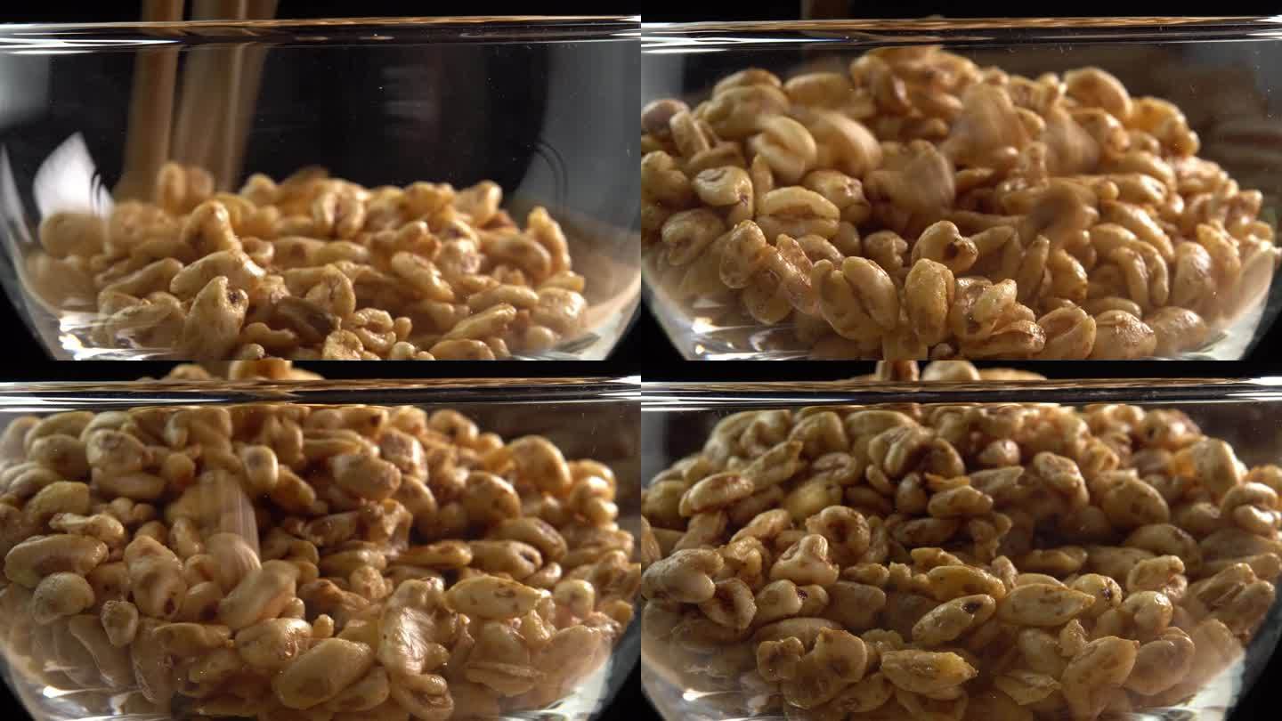 烤过的甜泡小麦倒进一个玻璃碗里。干早餐为你一天的工作补充能量