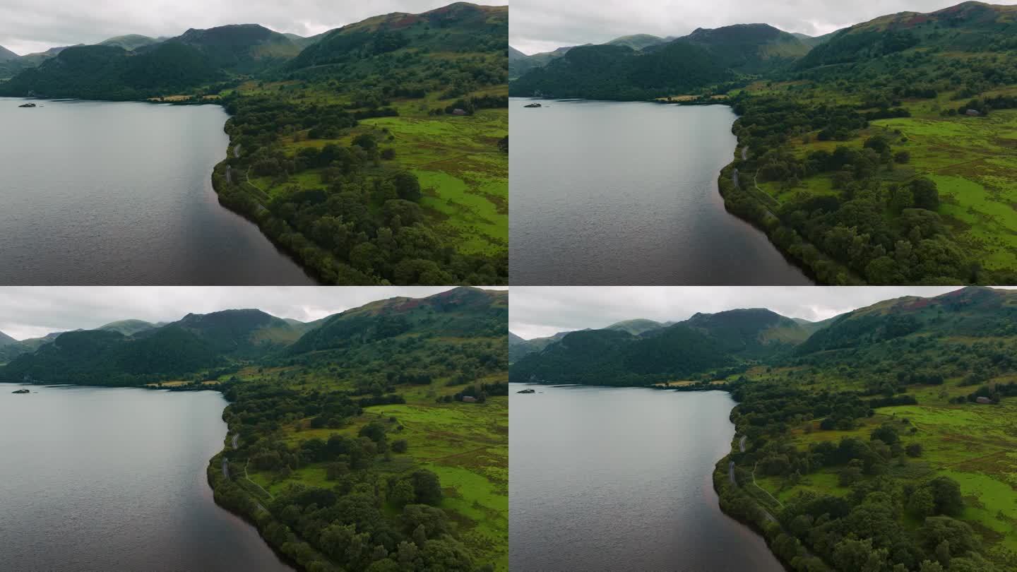 史诗级无人机拍摄的深湖区和绿色自然，环绕着湖泊
