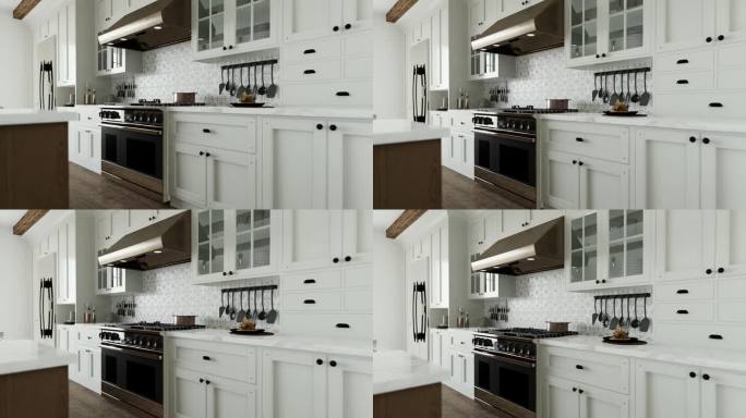 传统的大l形厨房，配有大岛台和厨房电器。厨房内部有白色橱柜和木制岛台。三维动画