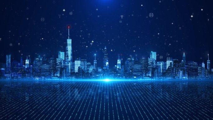 3D 4K未来数字智慧城市天际线。大数据、人工智能、物联网。塞伯朋克