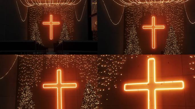 节日照明:教堂内，舒适的霓虹灯从十字架上洒下，在装饰着节日花环的圣诞树上投射出神奇的光芒。