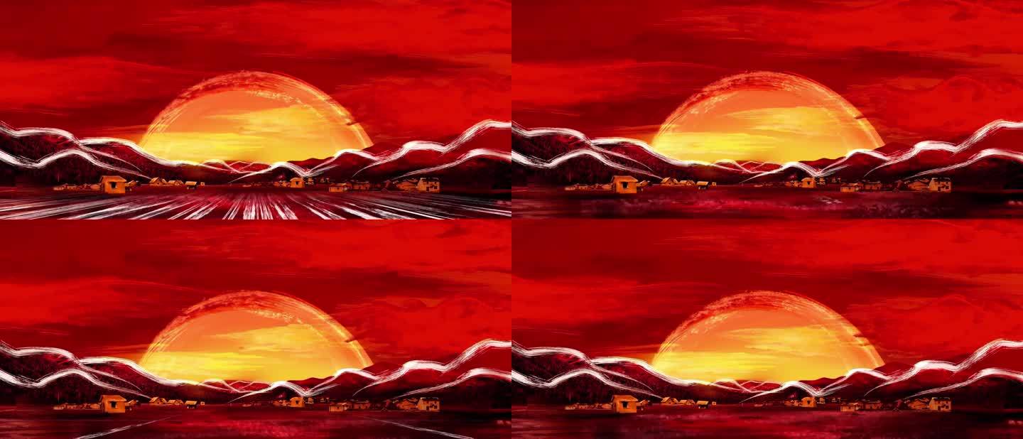 红色系 房子 山 半圆 红色天空 场景