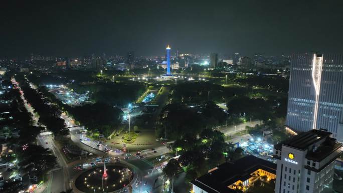 印尼雅加达独立广场城市高楼航拍夜景风光