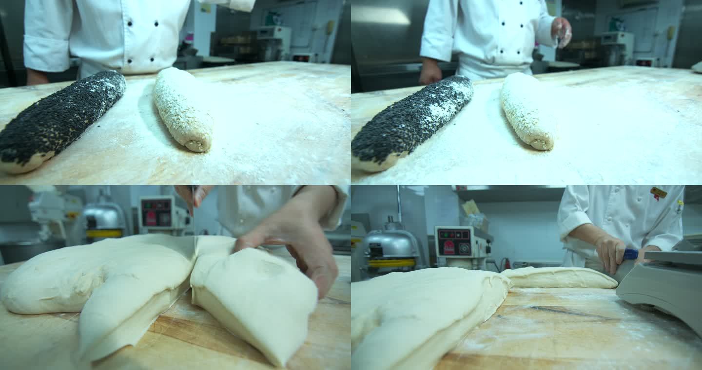 面包师制作面包法棍 揉面团