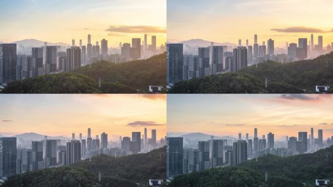 HA MS PAN——中国深圳罗湖区城市天际线的日落风景