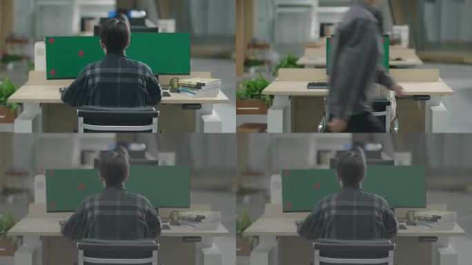 办公室坐在电脑绿幕前的职员背影