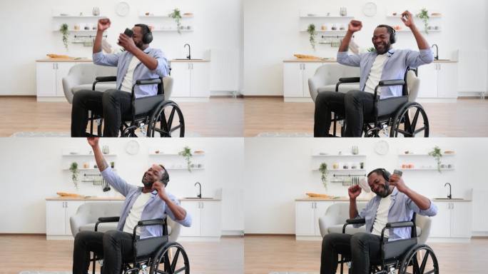 坐轮椅的成年人在休息时听着耳机跳舞