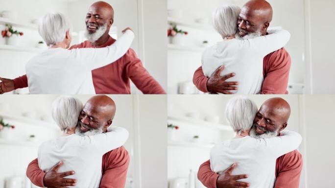 跨种族，长辈和夫妇用爱拥抱和幸福在家里，安慰用移情或你好，和平和人。退休后，与黑人男女结为终身伴侣，