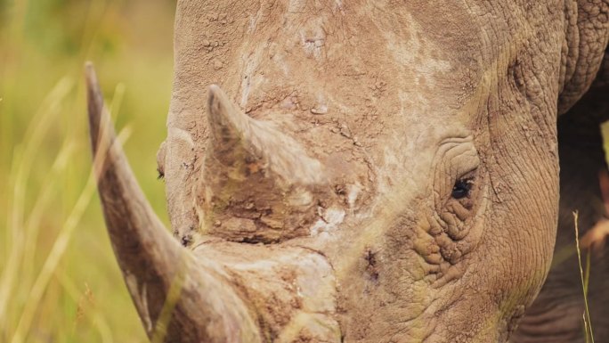 肯尼亚马赛马拉国家保护区的非洲野生动物，在马赛马拉北部保护区的高草原上放牧时，犀牛角和眼睛的特写镜头