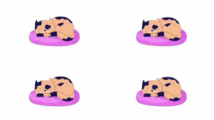 慵懒的斑点猫睡在枕头线2D角色动画