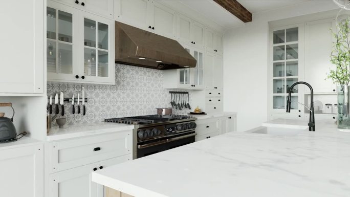 传统的大l形厨房，配有大岛台和厨房电器。厨房内部有白色橱柜和木制岛台。三维动画