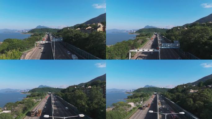 香港大埔区吐露港公路城市高架桥早晨交通情况