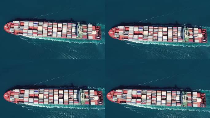 空中俯瞰。集装箱船。飞过的大型货船，满载集装箱航行在博斯普鲁斯海。