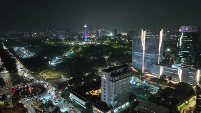 印尼雅加达独立广场城市高楼航拍夜景风光