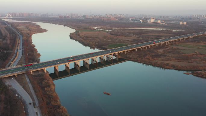 咸阳渭河高速公路大桥航拍宏兴码头旁过河桥