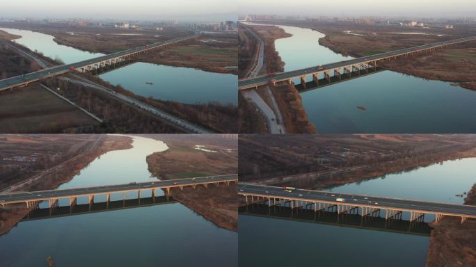 咸阳渭河高速公路大桥航拍宏兴码头旁过河桥