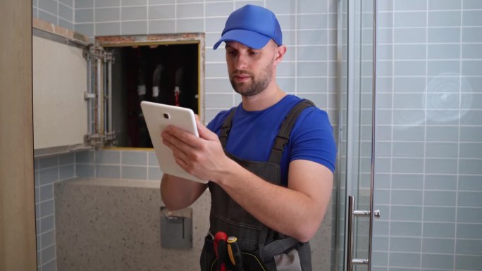 男水管工检查公寓中央冷热水供应管道。男水管工使用平板电脑进行诊断