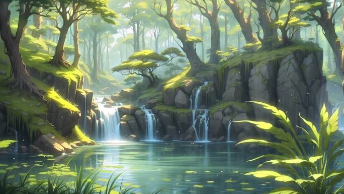 4K卡通动漫油画唯美下雨森林背景