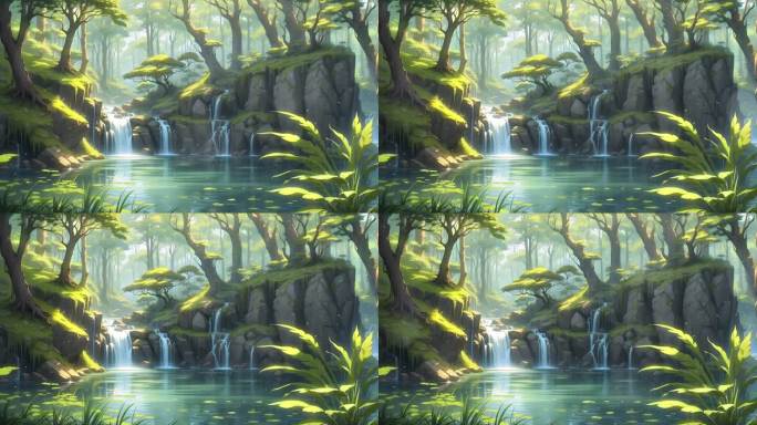 4K卡通动漫油画唯美下雨森林背景