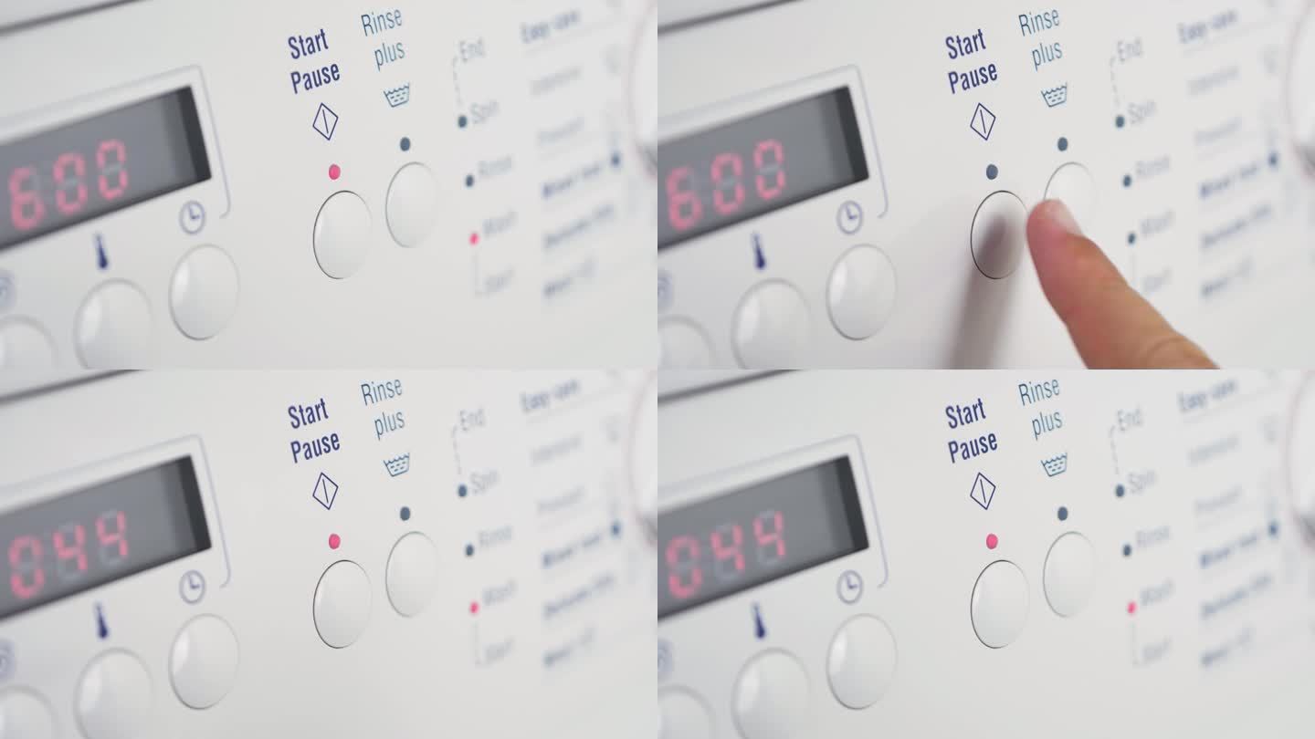 慢动作特写，手指按下洗衣机上的启动暂停键，拨号盘漂洗衣物清洗洗衣液家用4K