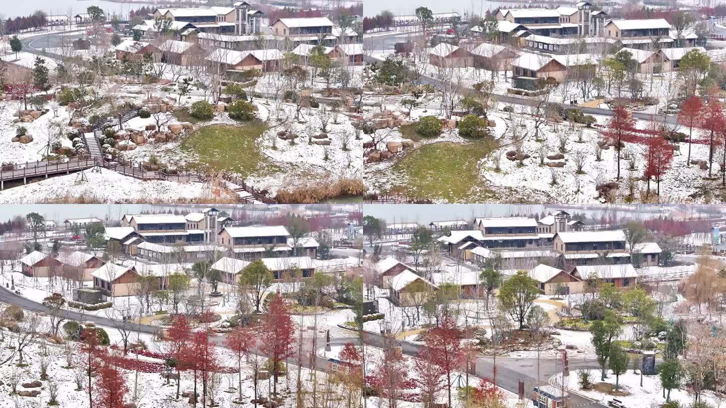 航拍湿地公园雪景树林湖岛木屋鸟类杉树木