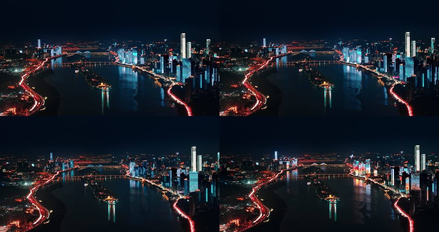 4k长沙湘江城市夜景航拍