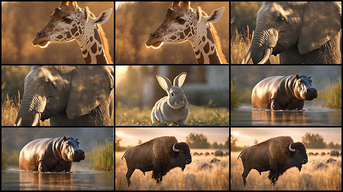 唯美动物世界：长颈鹿，大象，兔子，河马