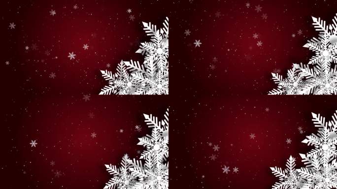剪纸雪花圣诞红色背景。角落框架。雪下降。冬季循环运动图形。