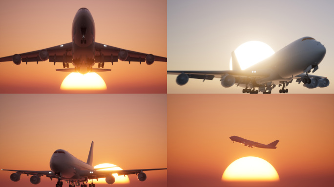 飞机起飞降落机场长焦日出太阳升起悬日动画