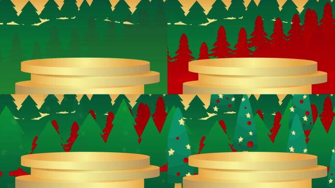绿色，红色和金色的模拟产品展示动画与圣诞主题松树，森林。