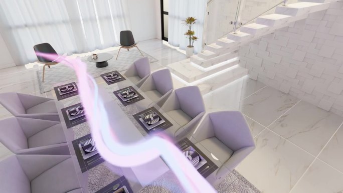 现代智能家居客厅，智能能量流的动画在公寓中流动
