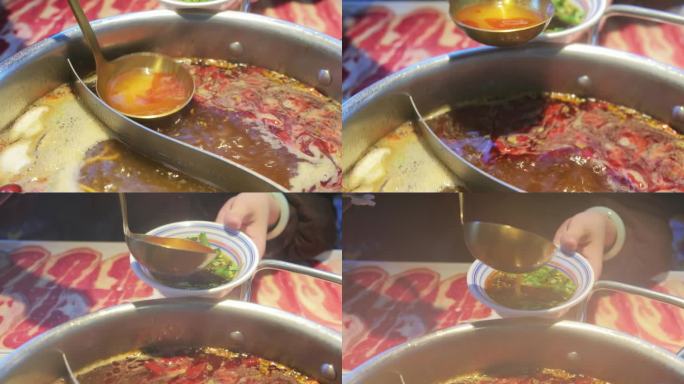 吃火锅打汤喝汤调制油碟沸腾的火锅锅底