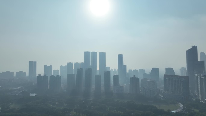 深圳城市逆光建筑阳光航拍城市日出夕阳剪影