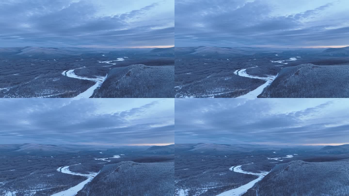 航拍大兴安岭林海雪原冻雾朝霞