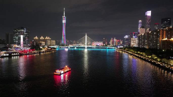 广州珠江夜游观光游船航拍
