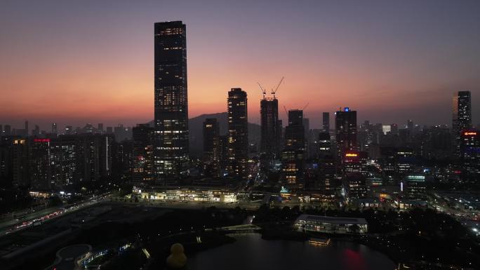 深圳南山区深圳湾一号晚霞夜景航拍