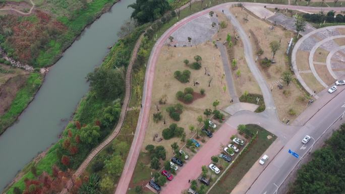 航拍重庆北碚水土竹溪河公园落雨杉森林风光