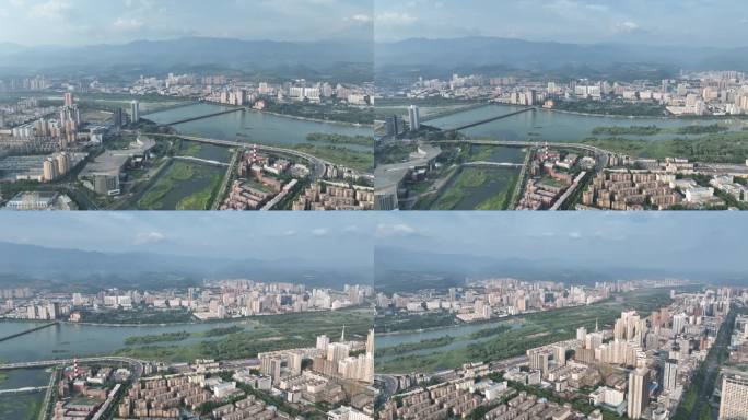 航拍宝鸡市中心全景旋转镜头金陵河渭河口