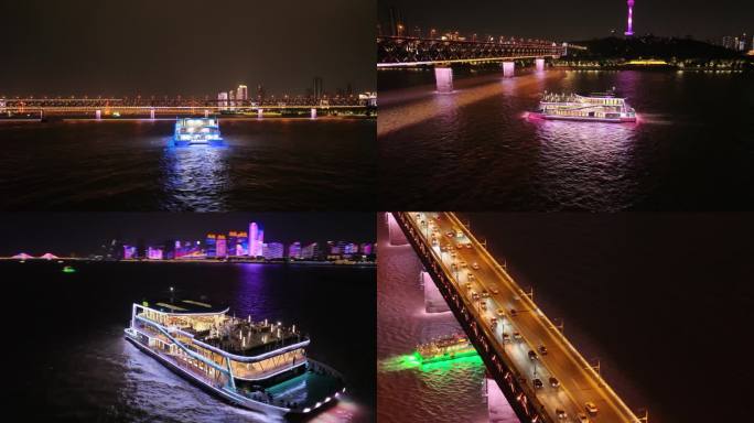 武汉长江轮船夜景航拍