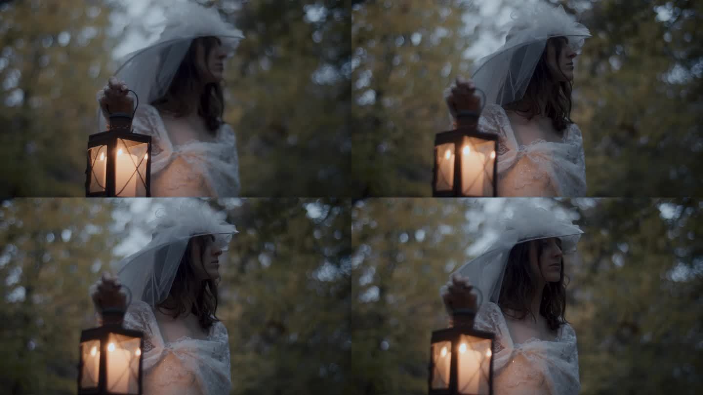 一个穿白衣服的年轻女子提着一盏旧灯笼