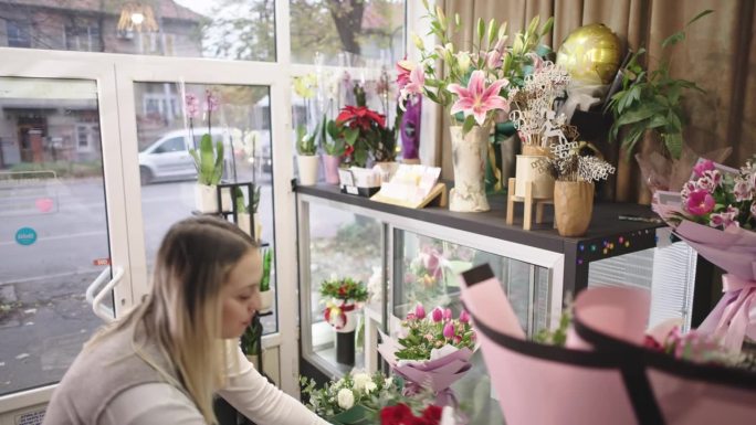 怀了孕的白种女花店老板，在花店橱窗里布置店铺